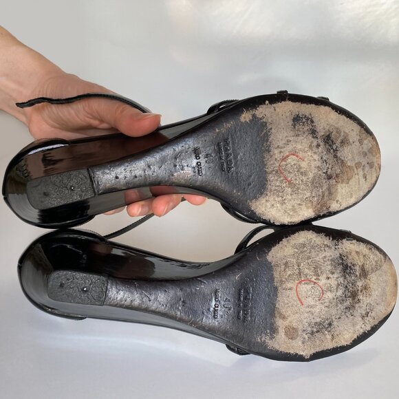 Prada Patent Leather Wedged Sandals Black Size 9.5 Vintage - Picture 8 of 15